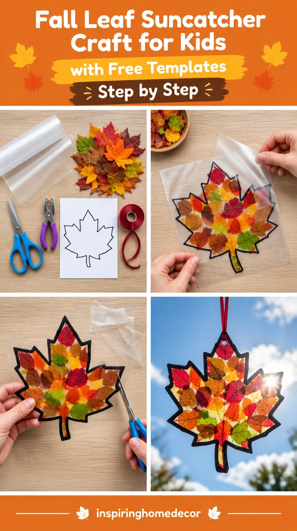 Colorful fall leaf suncatchers made by kids using free templates.