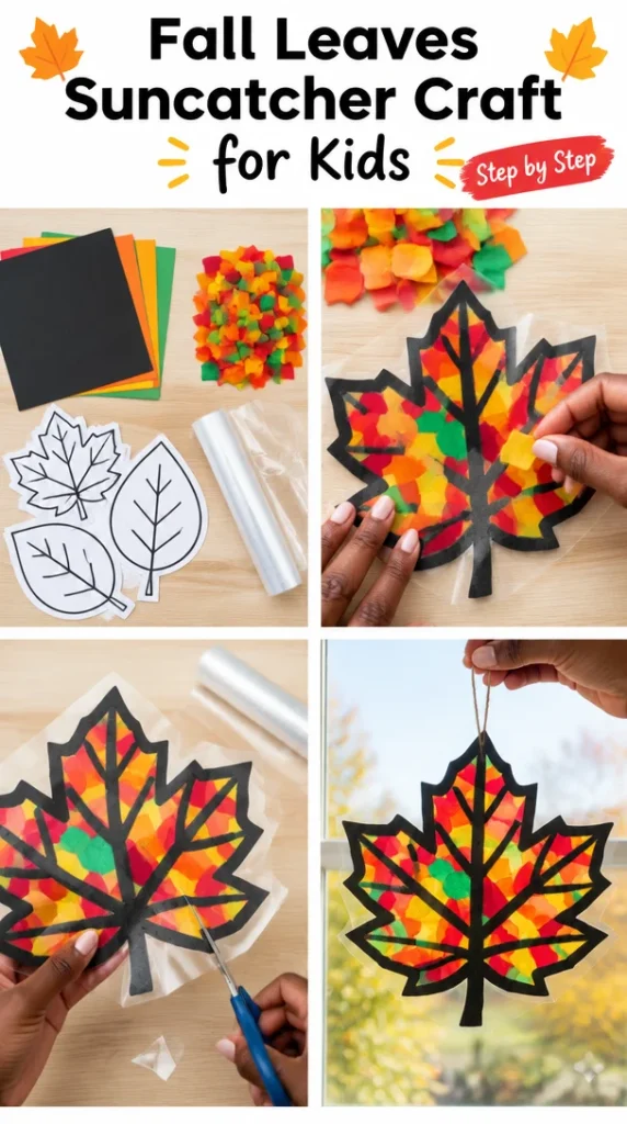 Colorful fall leaves suncatcher craft made by kids for autumn decoration.