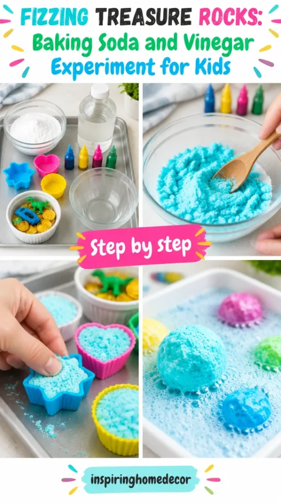 Kids conducting a fizzing baking soda and vinegar experiment with treasure rocks.