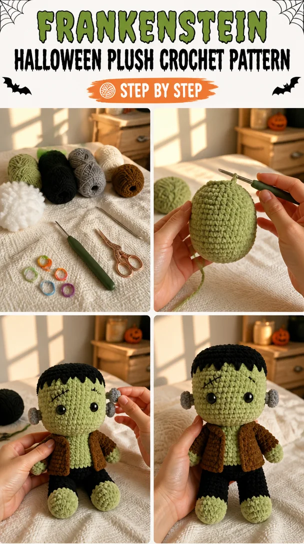 Frankenstein Halloween Plush Crochet Pattern - Spooky Halloween Character Crochet Pattern - Cute Amigurumi Frankenstein Pattern - Plushie