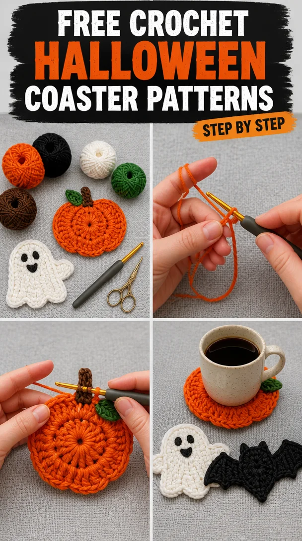 Free crochet Halloween coaster patterns for festive decor