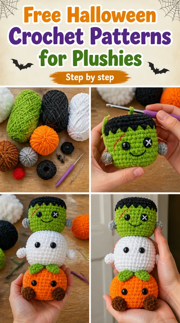 Free Halloween crochet patterns featuring adorable plushies for festive decorations.