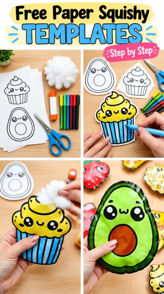 Colorful free paper squishy templates for crafting and creative projects.