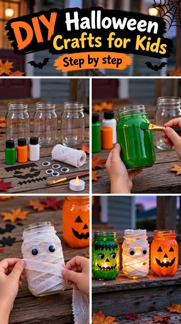 Kids making fun DIY Halloween crafts using colorful materials.
