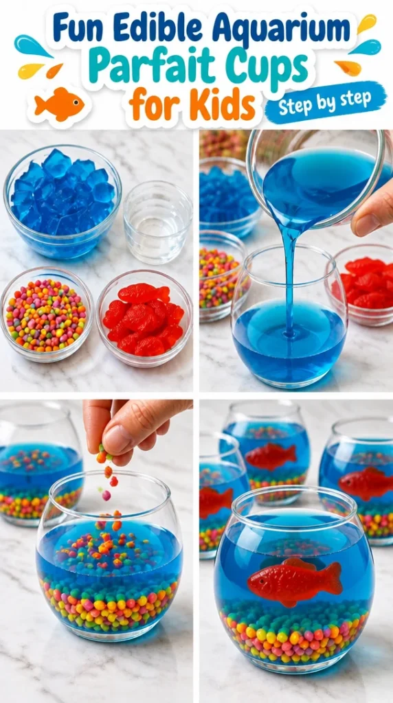 Colorful edible aquarium parfait cups filled with layers of delicious treats for kids.
