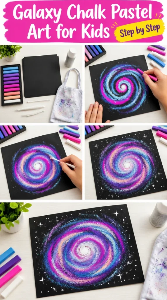 Kids creating galaxy chalk pastel art with vibrant colors and techniques