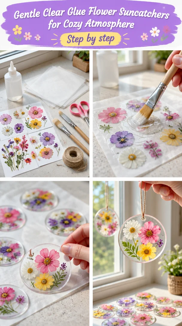 Flower suncatchers made with gentle clear glue for a cozy ambiance