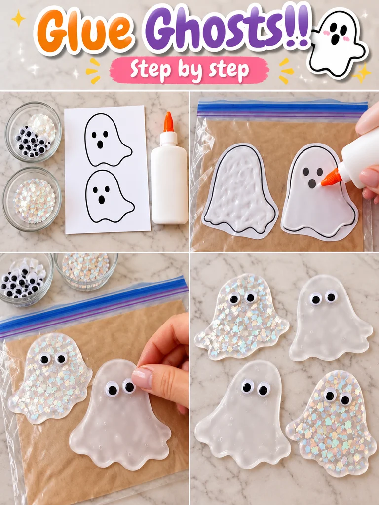 Creative craft project featuring spooky Glue Ghosts for Halloween decoration