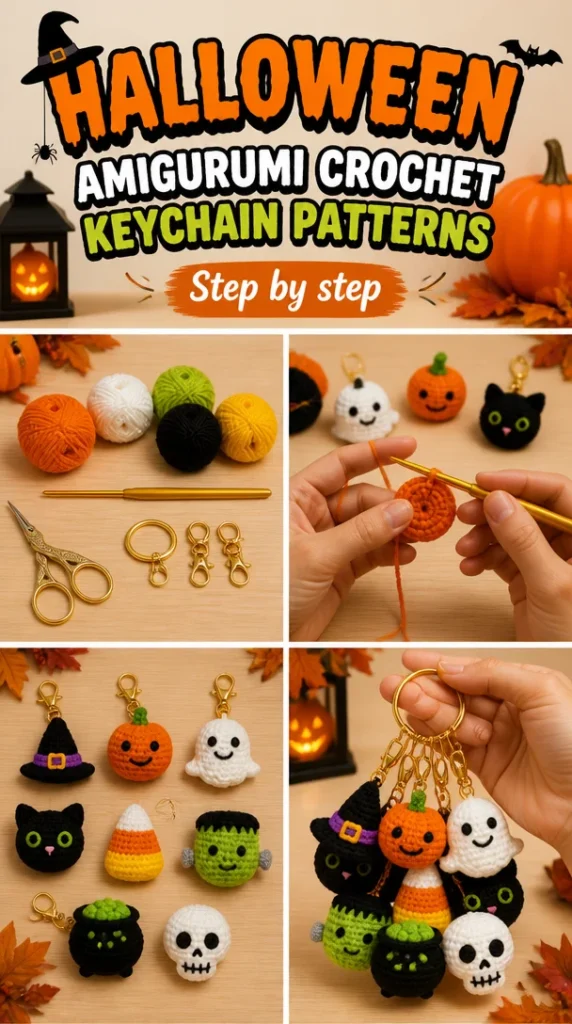 Cute Halloween amigurumi crochet keychain patterns in various spooky designs.