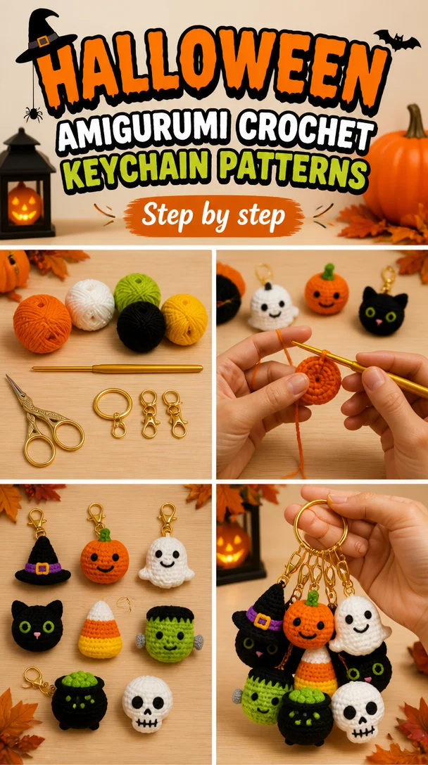 Cute Halloween amigurumi crochet keychain patterns in various spooky designs.