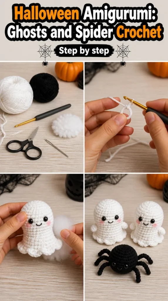 Crocheted Halloween Amigurumi ghosts and spiders displayed together