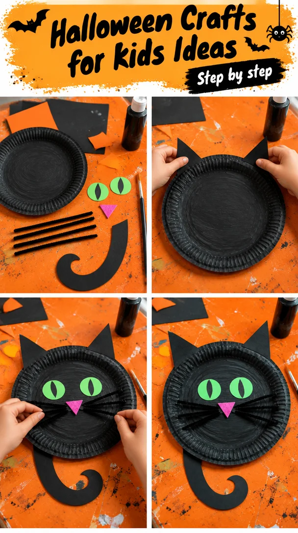 Colorful Halloween crafts for kids with pumpkins, ghosts, and spooky decorations.