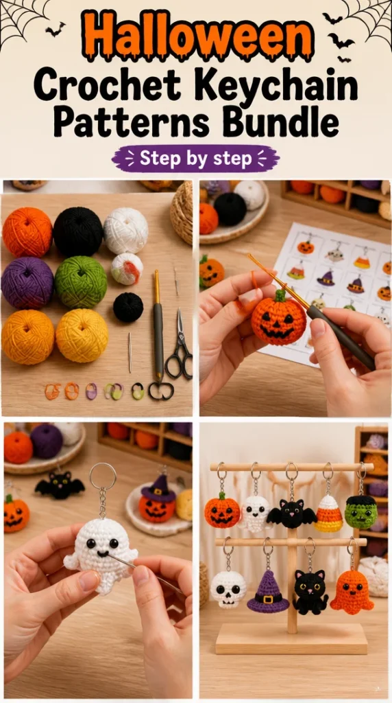 Colorful Halloween Crochet Keychains featuring spooky designs.
