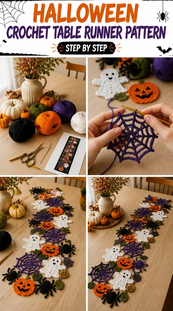 Halloween Crochet Table Runner Pattern, Ghost Pumpkin Spiderweb Lace Decor (PDF Download)