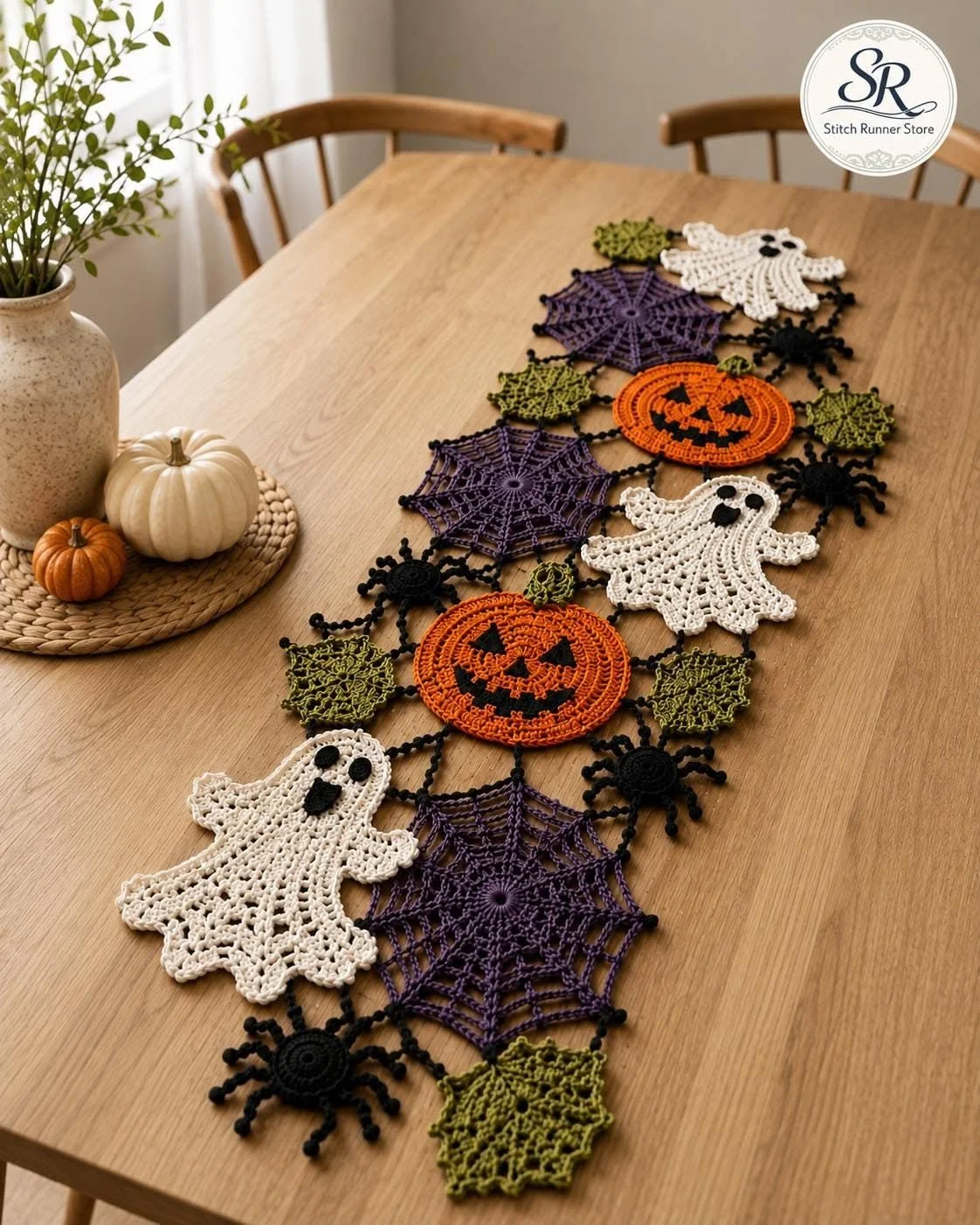 Halloween Crochet Table Runner Pattern, Ghost Pumpkin Spiderweb Lace Decor (PDF Download)