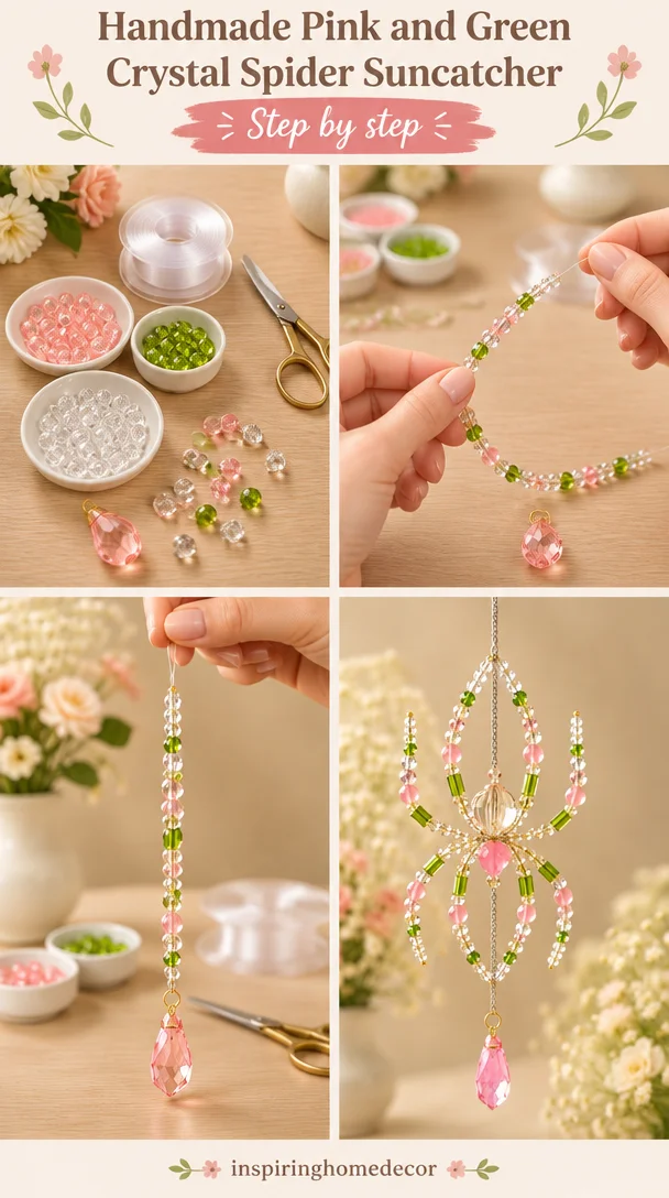 Handmade pink and green crystal spider suncatcher for vibrant light reflections