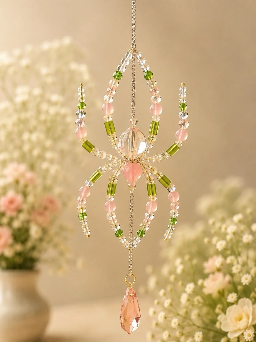 Handmade Pink & Green Crystal Spider Suncatcher