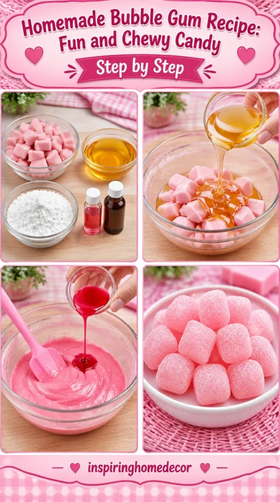 Homemade bubble gum recipe with colorful ingredients and finished chewy candy.