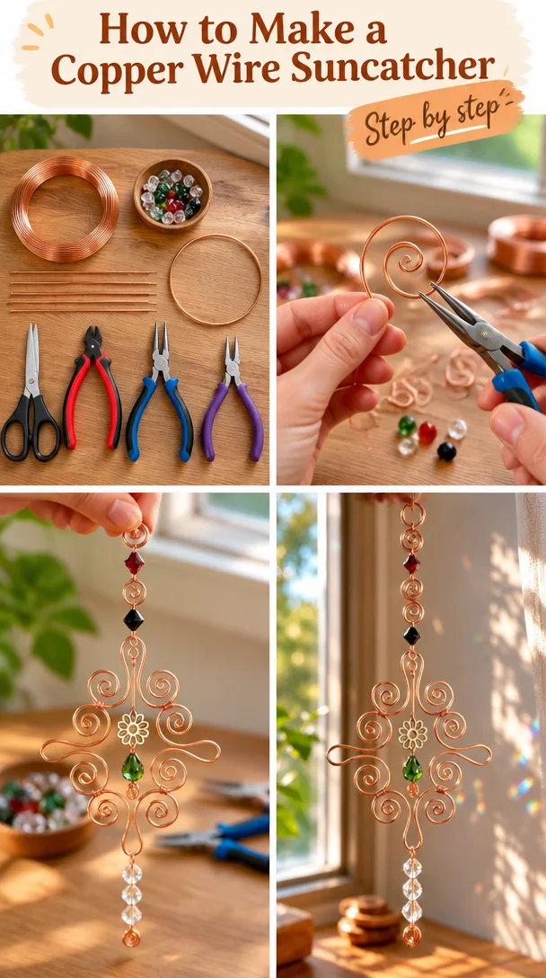 Handmade copper wire suncatcher catching sunlight and reflecting colors.