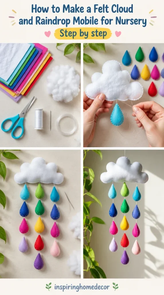 Felt cloud and raindrop mobile for nursery decor