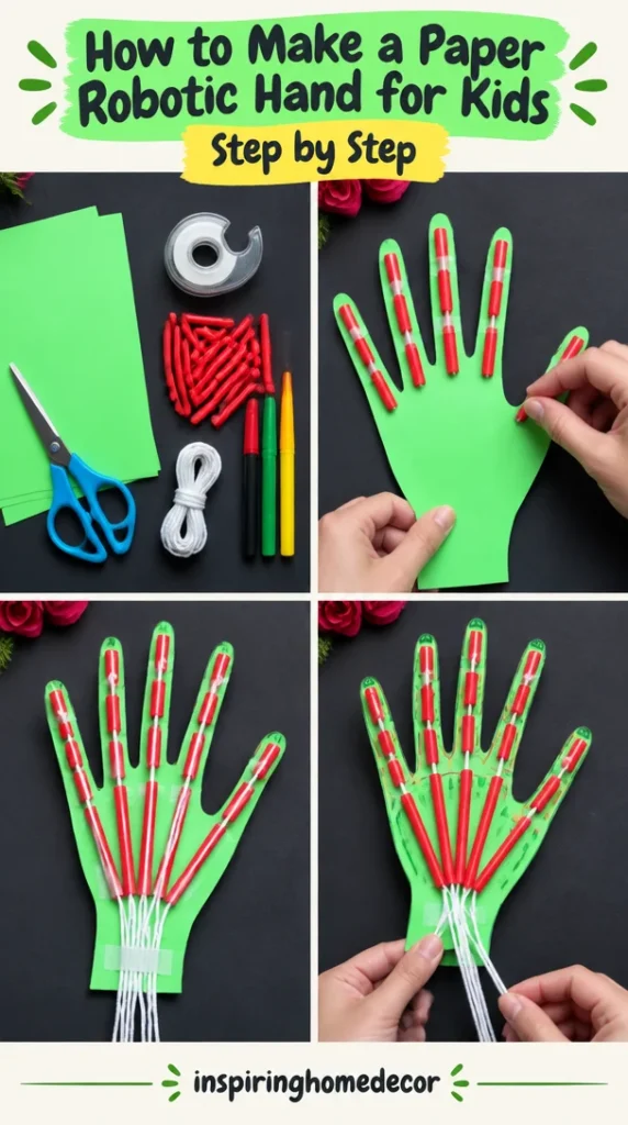 Child crafting a paper robotic hand for fun education.