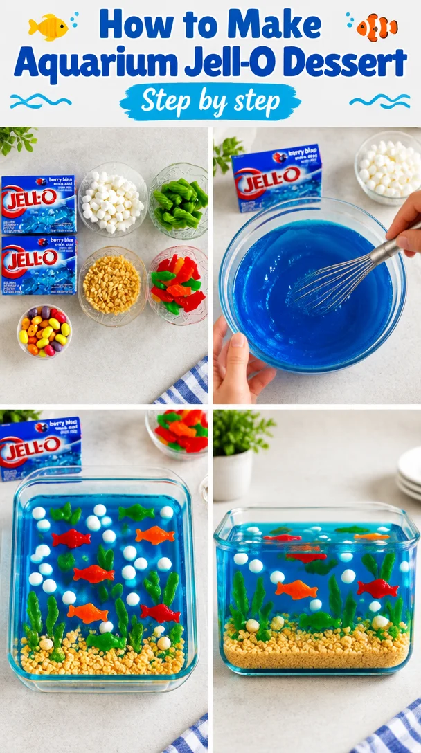 Colorful aquarium Jell-O dessert with gummy fish and edible seaweed