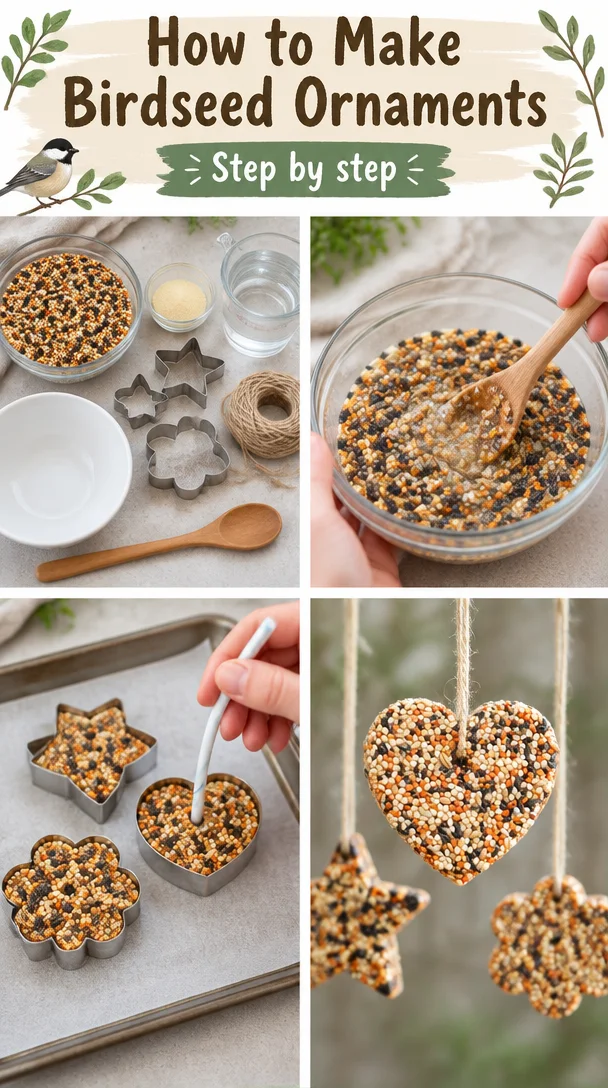 Homemade birdseed ornaments hanging on a tree branch for birds to enjoy.