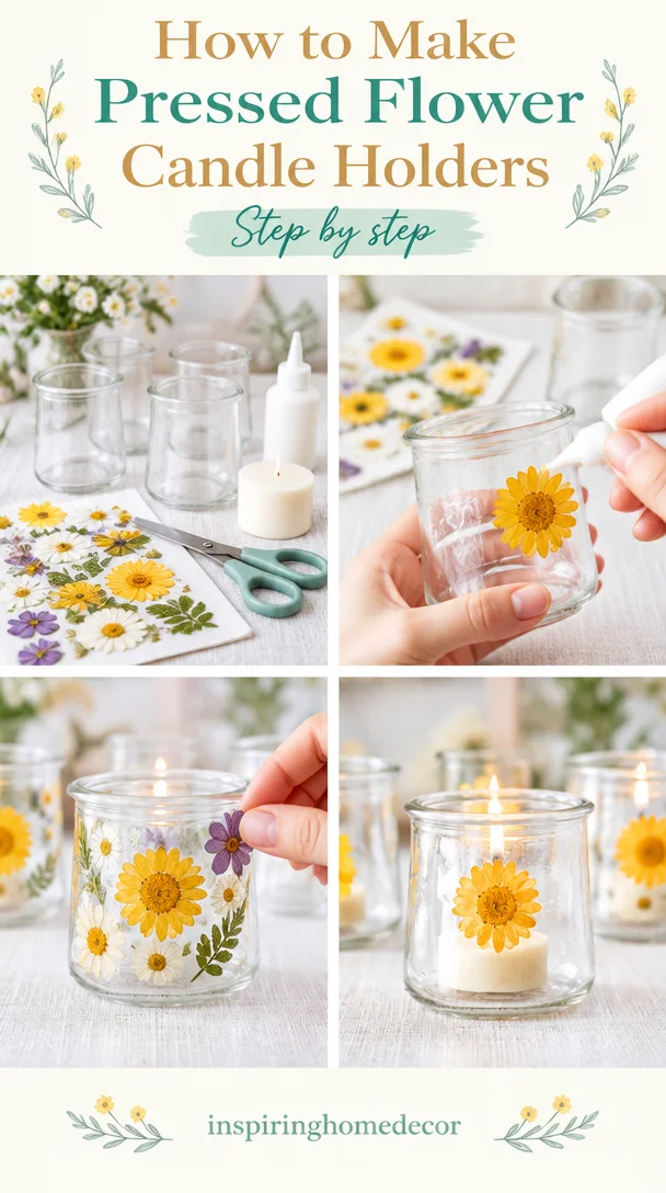 DIY pressed flower candle holders with vibrant flowers
