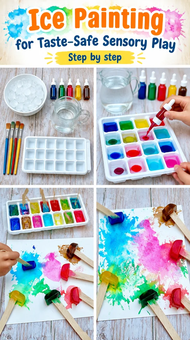 Children engaging in taste-safe ice painting for sensory play.
