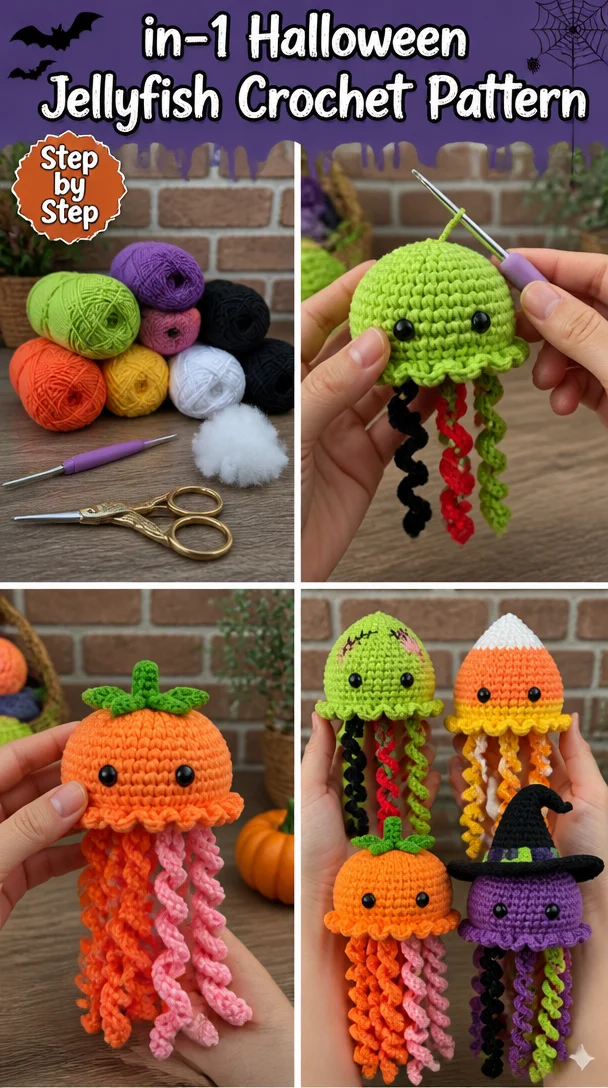4 in 1 Halloween Jellyfish Crochet Pattern | PDF download | Halloween Amigurumi Crochet Pattern | Zombie, Candy Corn, Pumpkin, Witch
