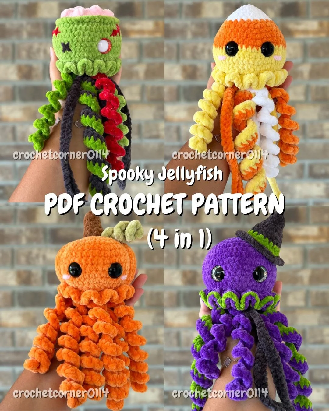 4 in 1 Halloween Jellyfish Crochet Pattern | PDF download | Halloween Amigurumi Crochet Pattern | Zombie, Candy Corn, Pumpkin, Witch