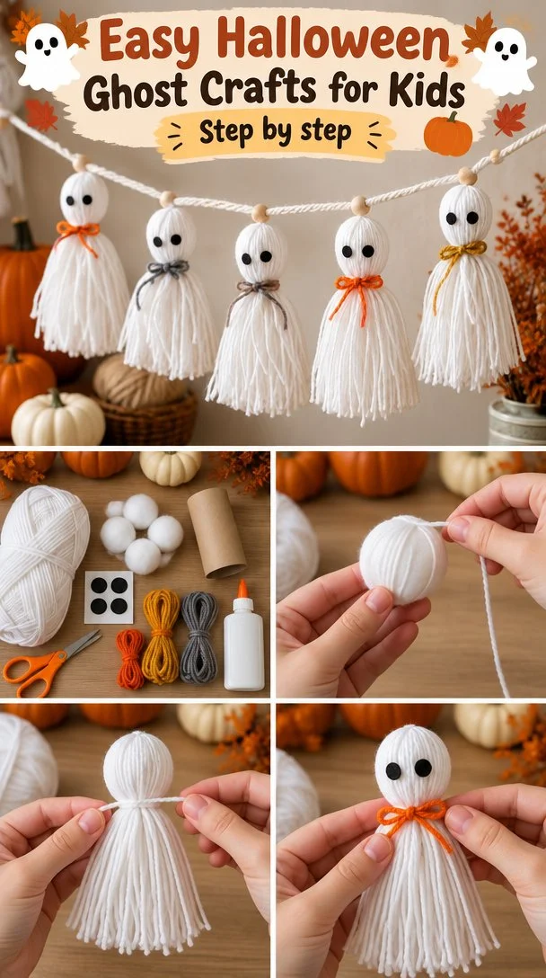 Kids making easy Halloween ghost crafts for decorations