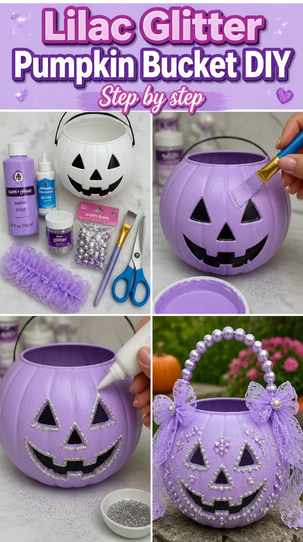 Coquette Lilac Glitter Pumpkin Bucket DIY

A glam Halloween pumpkin bucket with a matte lilac finish, sparkling silver face, and a pretty beaded handle with ruffled ribbon accents.