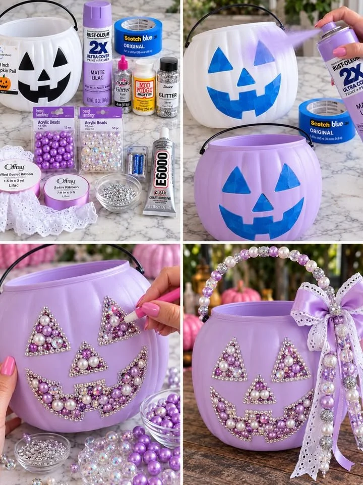 Coquette Lilac Glitter Pumpkin Bucket DIY

A glam Halloween pumpkin bucket with a matte lilac finish, sparkling silver face, and a pretty beaded handle with ruffled ribbon accents.
