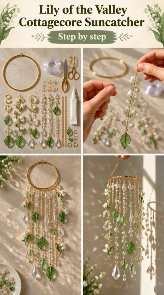 Lily of the Valley Cottagecore Suncatcher glowing with sunlight