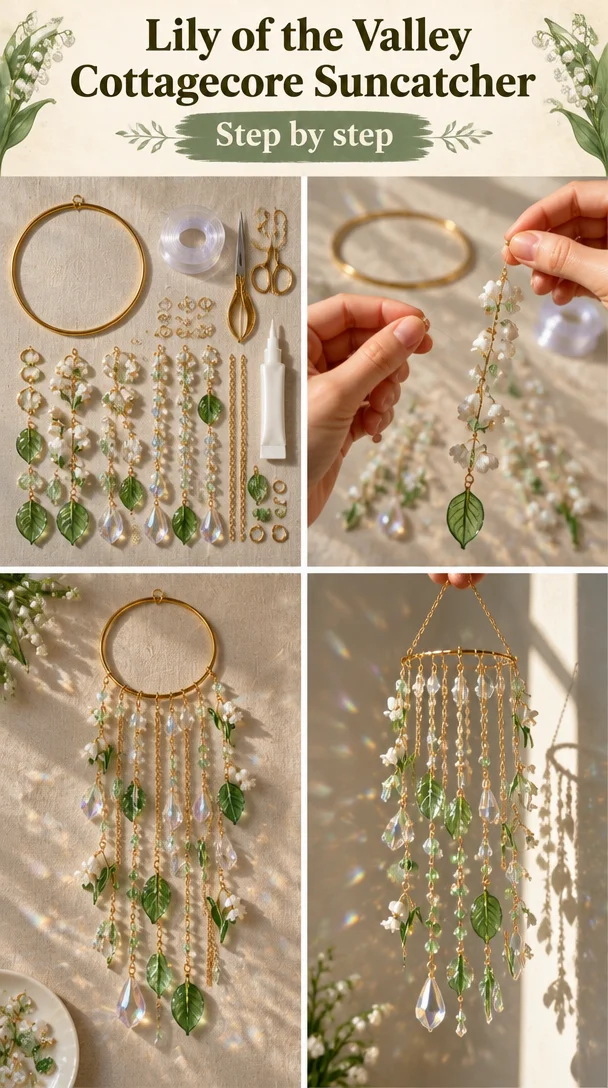 Lily of the Valley Cottagecore Suncatcher glowing with sunlight
