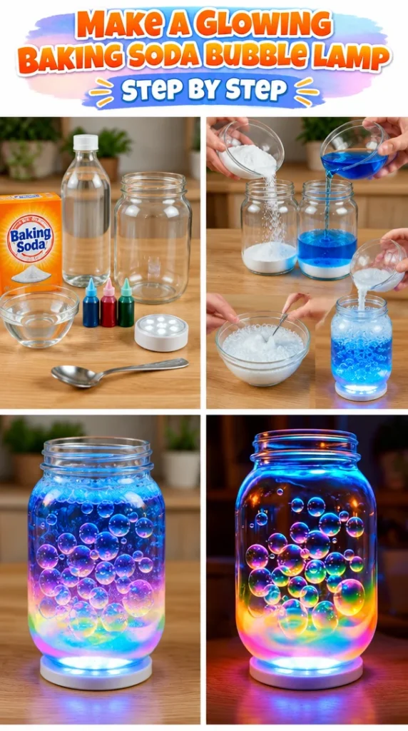 Glowing baking soda bubble lamp glowing with vibrant colors