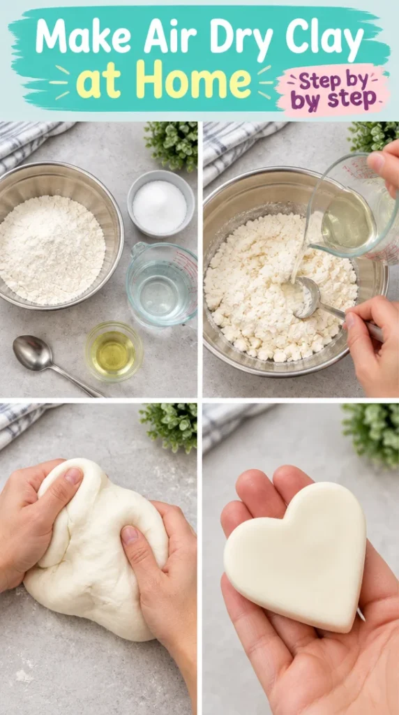 Homemade air dry clay ingredients and tools on a table.