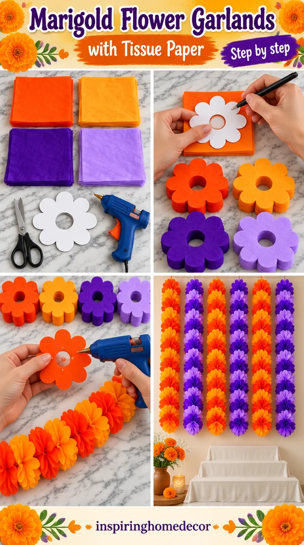 🌼💜🧡 GUIRNALDAS DE FLORES DE CEMPASÚCHIL CON PAPEL CHINA🧡💜🌼

✅ Materiales:

4 Pliegos de papel china naranja 
4 Pliegos de papel china naranja claro
4 Pliegos de papel china morado 
4 Pliegos de...