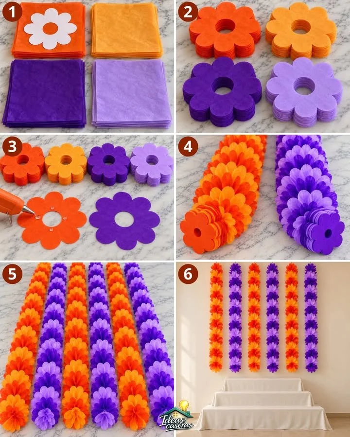 🌼💜🧡 GUIRNALDAS DE FLORES DE CEMPASÚCHIL CON PAPEL CHINA🧡💜🌼

✅ Materiales:

4 Pliegos de papel china naranja 
4 Pliegos de papel china naranja claro
4 Pliegos de papel china morado 
4 Pliegos de...