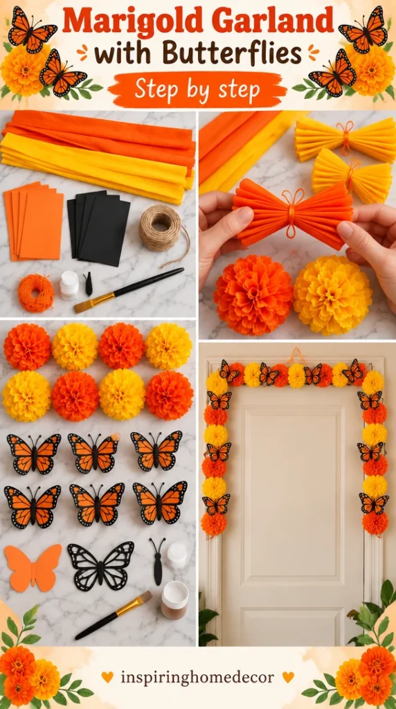 Vibrant marigold garland with butterflies, ideal for festive decorations