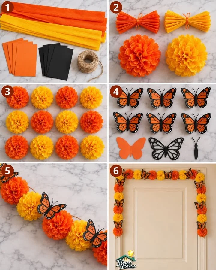 🧡🌼🦋 GUIRNALDA DE CEMPASÚCHIL CON MARIPOSAS 🦋🌼🧡

🌼 Materiales:

2 pliegos de Papel crepé naranja
2 pliegos de Papel crepé amarillo
4 hojas o cartulina naranja
4 hojas o cartulina negra
Mecatito...