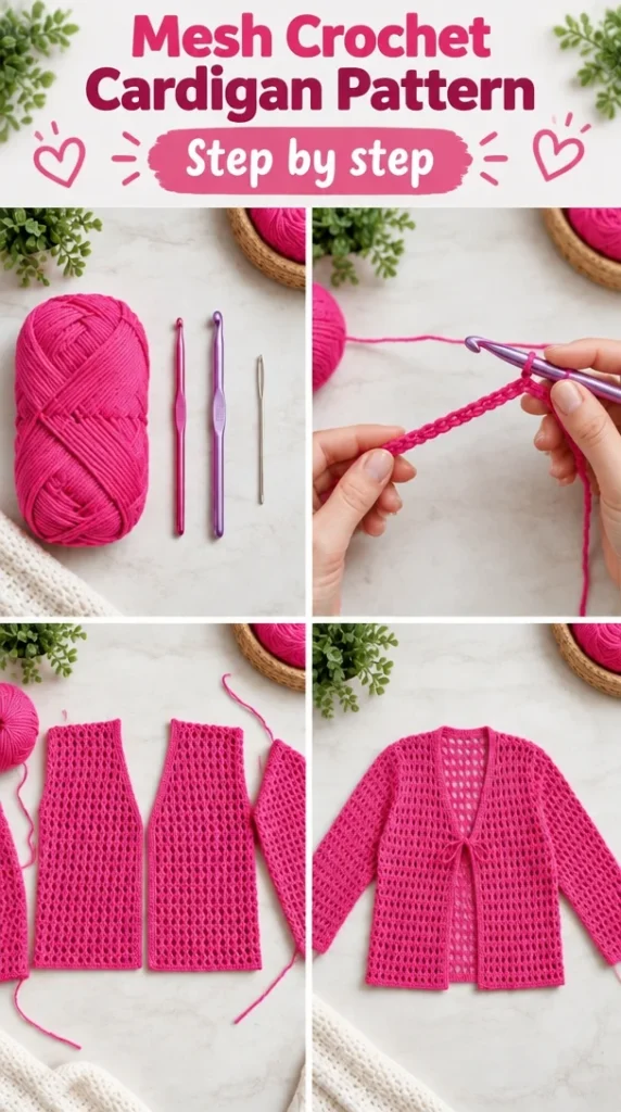Handcrafted mesh crochet cardigan pattern for a stylish look.