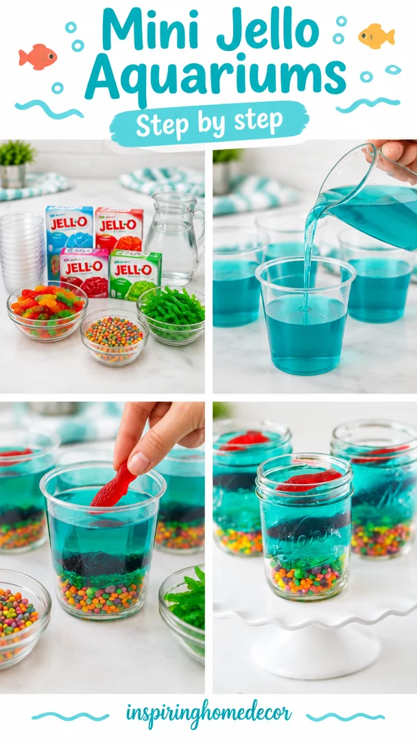 Mini Jello aquariums decorated with colorful gummy fish and sea creatures