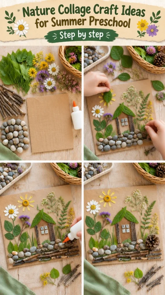 Colorful nature collage craft ideas for preschool summer activities.