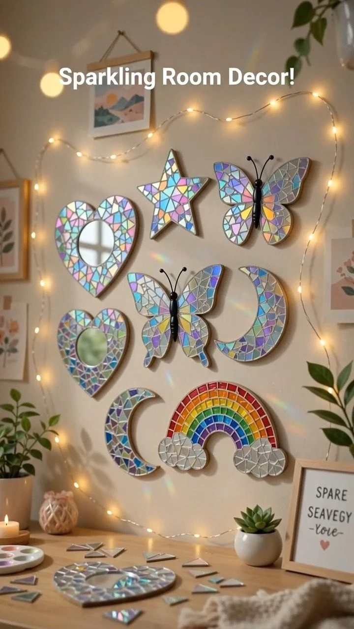 Old CDs become shimmering mosaic pieces around a simple mirror for a bright, reflective wall accent.
