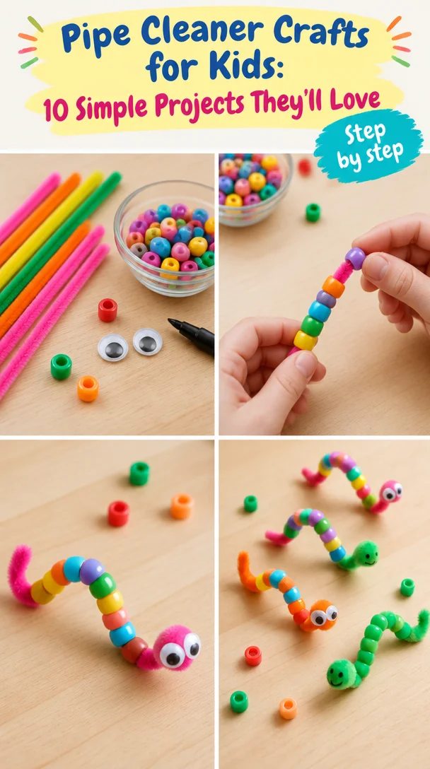 Colorful pipe cleaner crafts for kids featuring 10 simple DIY projects