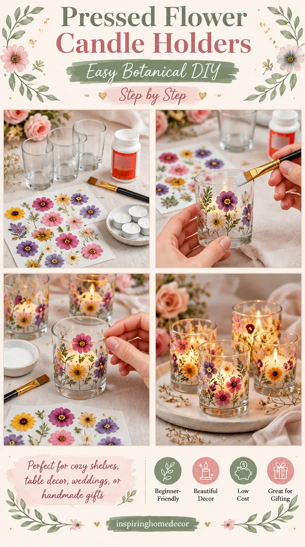 DIY pressed flower candle holders with vibrant botanical designs