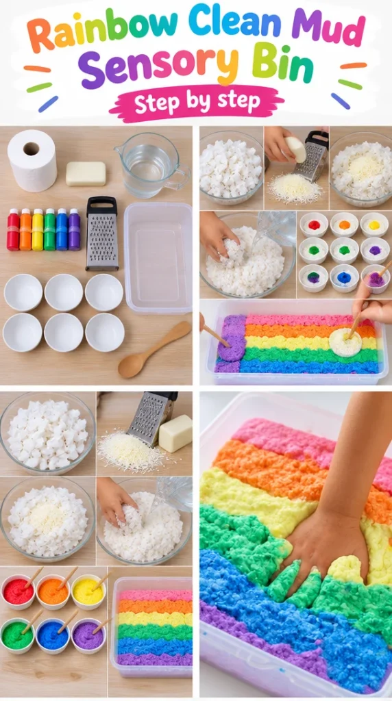 Rainbow Clean Mud Sensory Bin filled with vibrant, colorful materials for kids.