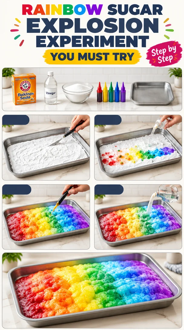 Colorful Rainbow Sugar Explosion experiment showcasing vibrant sugar reactions.